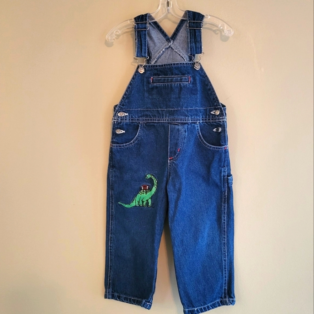 Denim embrodiered overalls with dinosaur detail